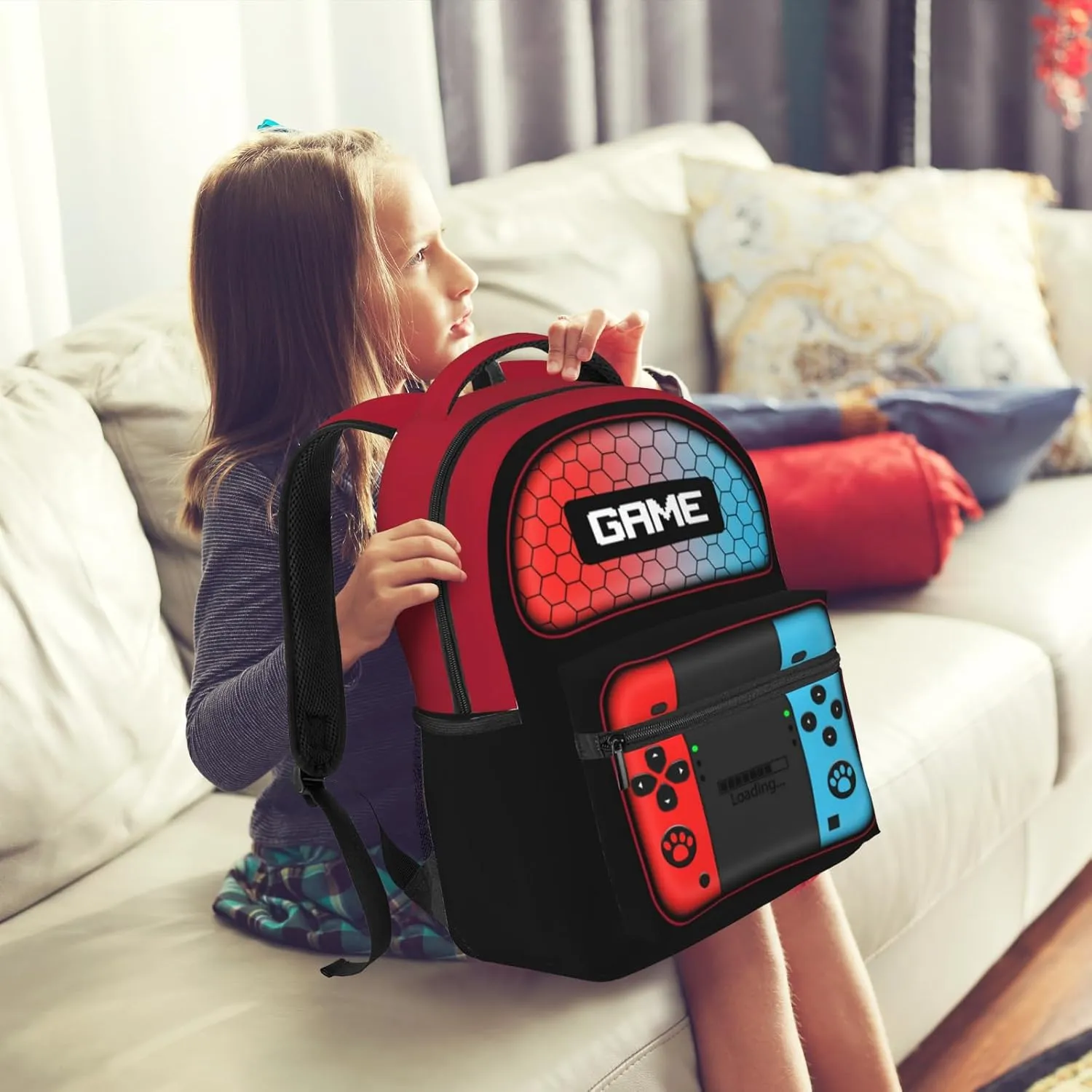 Gamepad Backpack for Boys & Girls Video Game Backpack for Kids Gaming Print School Bag Lightweight Waterproof Adjustable Colorful Bookbag for Children Teens Travel Daypack