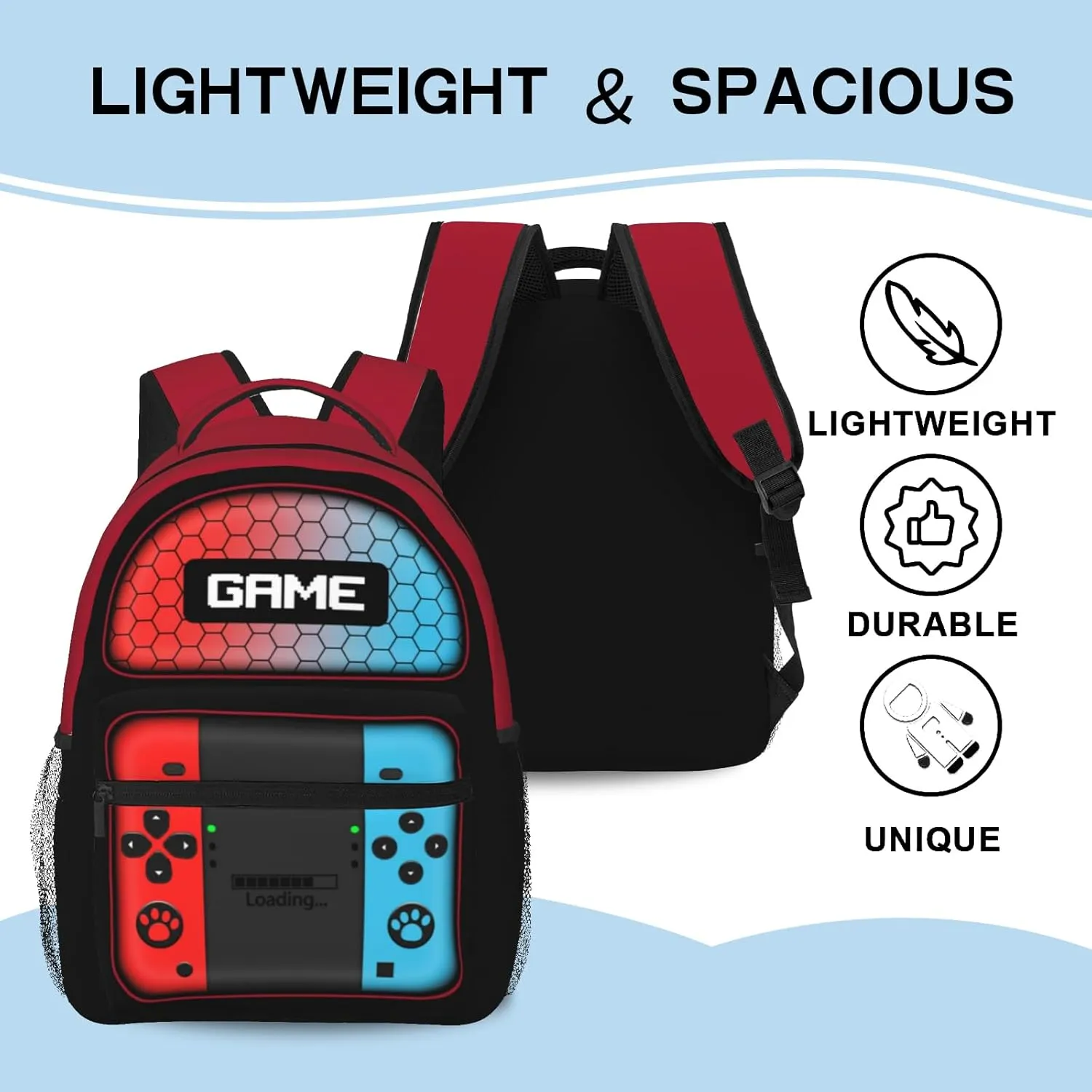 Gamepad Backpack for Boys & Girls Video Game Backpack for Kids Gaming Print School Bag Lightweight Waterproof Adjustable Colorful Bookbag for Children Teens Travel Daypack