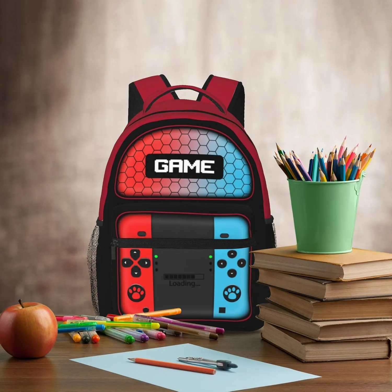 Gamepad Backpack for Boys & Girls Video Game Backpack for Kids Gaming Print School Bag Lightweight Waterproof Adjustable Colorful Bookbag for Children Teens Travel Daypack