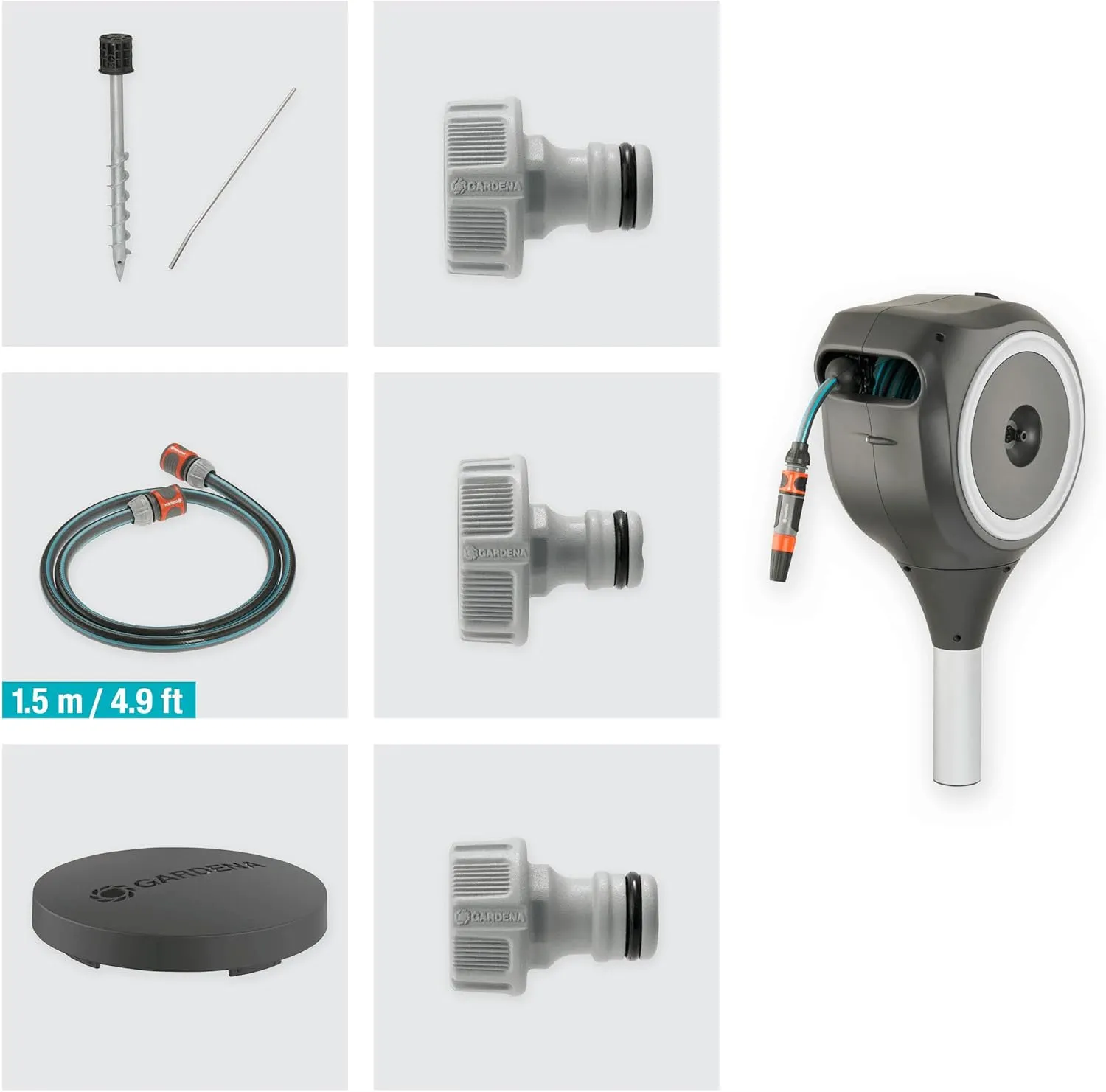 Gardena Garden Hose Box Rollup S (White) 15 m: Swivel Hose Box, Integral Hose Guide, Including 15 m Hose, mounting Rod and mounting kit (18606-20)
