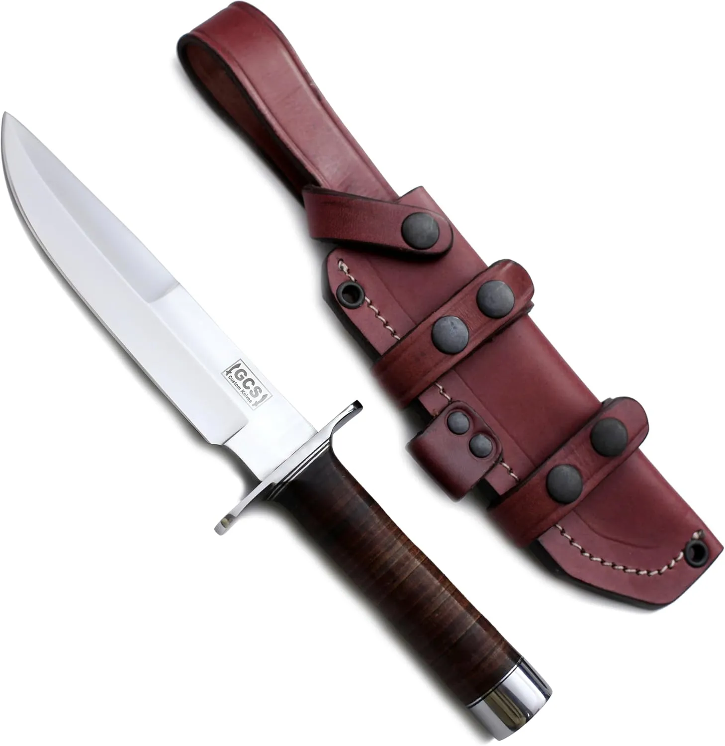 GCS Handmade Stacked Leather Handle D2 Tool Steel Tactical knife Hunting Knife Camp Knife with leather sheath Full tang blade designed for Hunting & EDC GCS 147