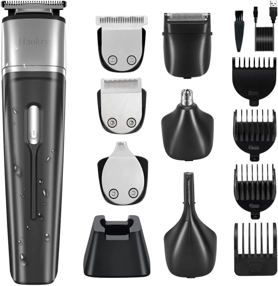 GEEGVV Haokry Beard Trimmer, Cordless Hair Clippers, Waterproof Body Mustache Nose Ear Facial Cutting Groomer, Electric Shaver 6 in 1 Grooming Kit for Men
