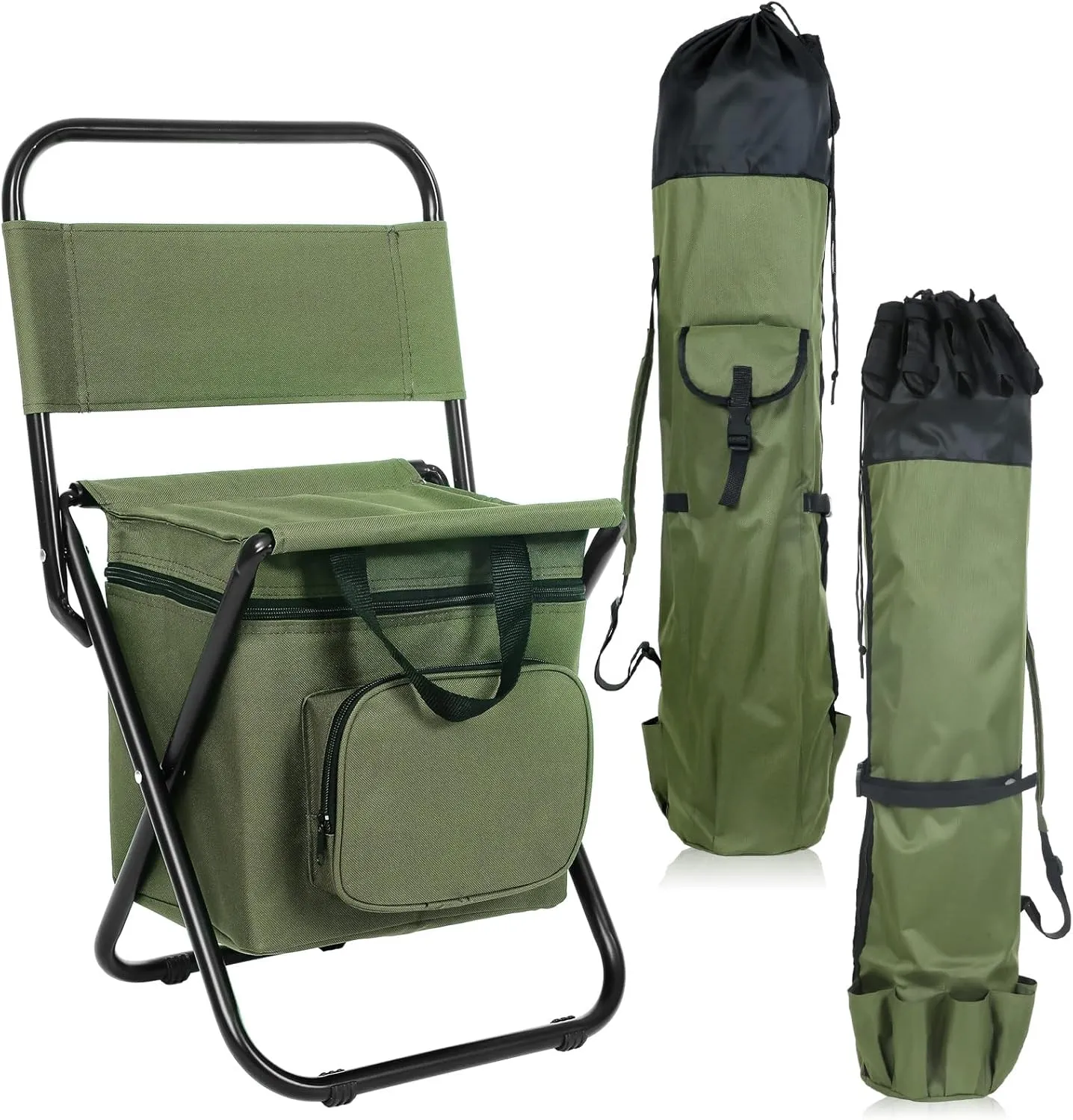 Geetery 2 Pcs Fishing Rod Reel Organizer Backpack Cooler Chair Best Fishing Lover Gift Pole Backpack Folding Stool for Fisher Men Boys Husband Father Gift(Army Green)