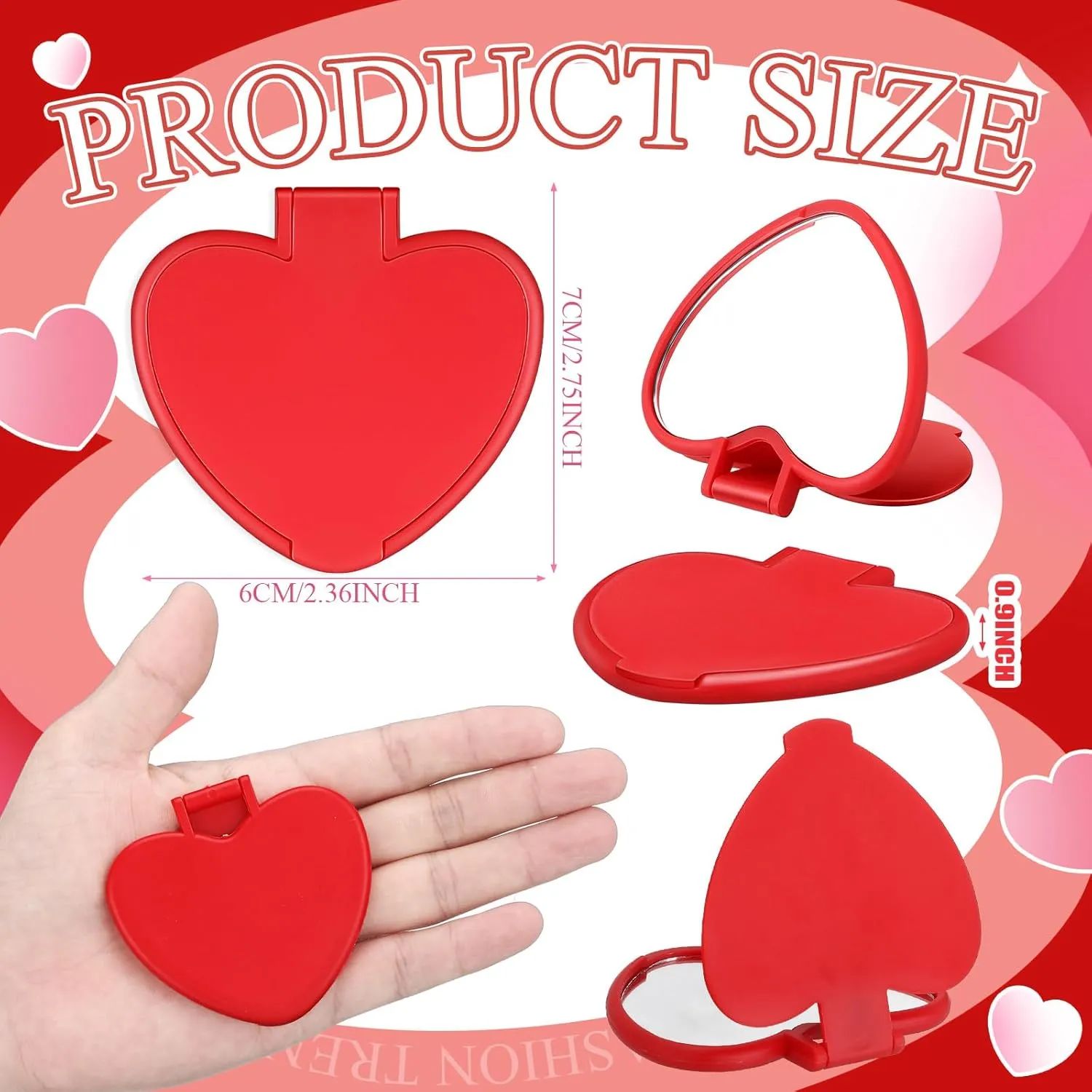 Geetery 48 Pcs Valentine‘s Day Compact Mirror Bulk Gifts Heart Shaped Mini Pocket Small Folding Makeup Portable Travel Heart Purse Hand Mirror for Women Gift(Red,Rose Red,Purple)