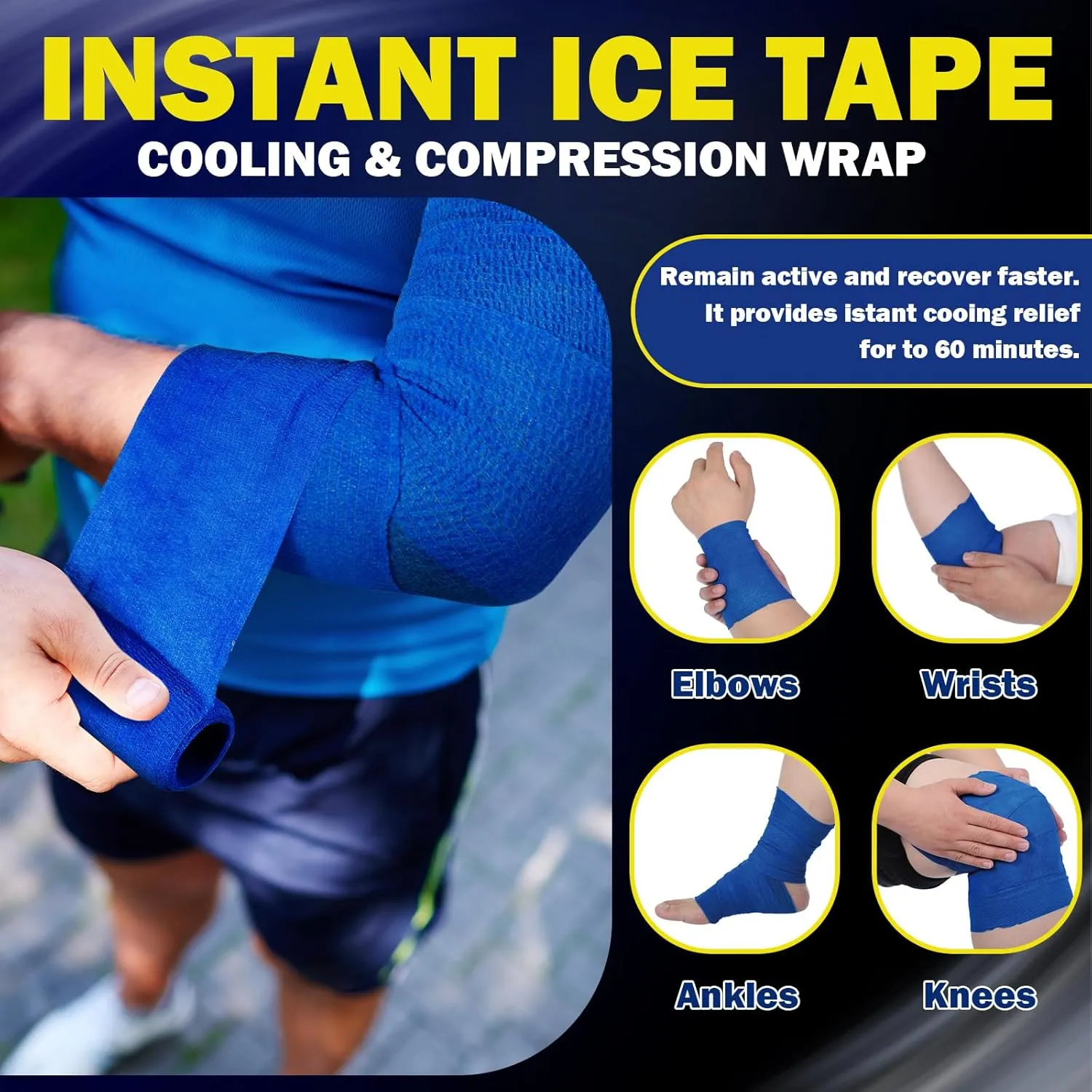 Geiserailie 2 Pcs Instant Cooling Ice Tape Self Sticking Compression Wrap Reusable Sport Ice Tapes No Refrigeration Needed Athletic Muscle Bandage for Pain Relief and Swelling(Blue,4 Inches)