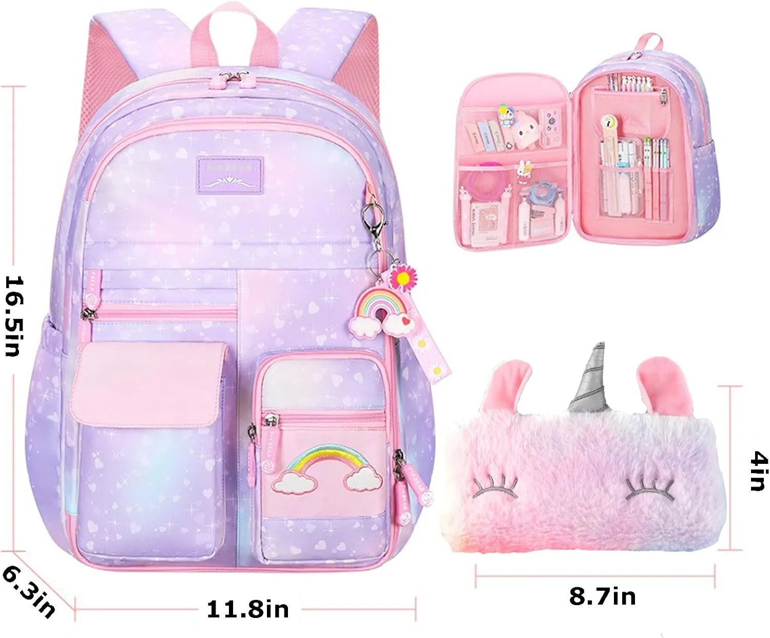 Girls Gradient Rainbow Backpack,Cute Student School Backpack With Pen Bag,Starry Rainbow Laptop Travel Bag-Purple