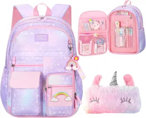 Girls Gradient Rainbow Backpack,Cute Student School Backpack With Pen Bag,Starry Rainbow Laptop Travel Bag-Purple