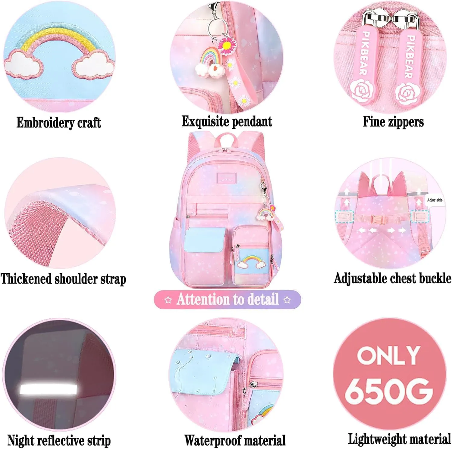 Girls Gradient Rainbow Backpack,Cute Student School Backpack With Pen Bag,Starry Rainbow Laptop Travel Bag-Purple
