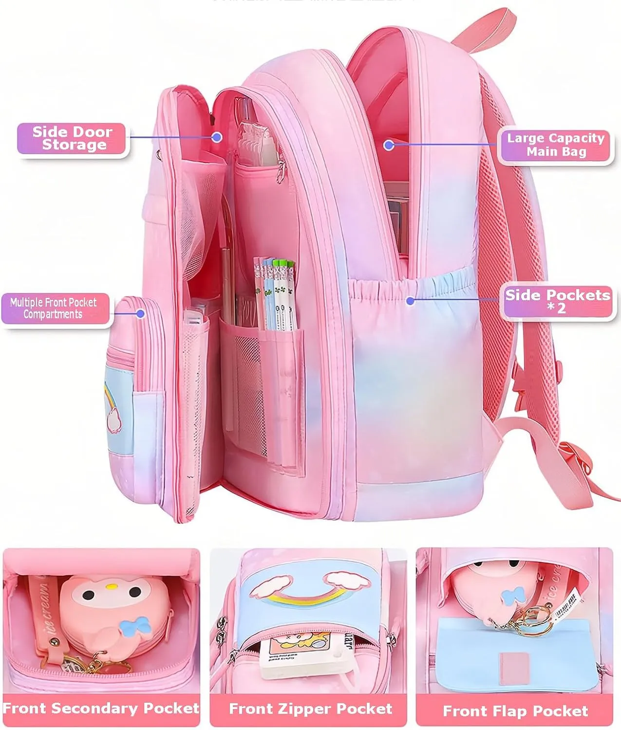 Girls Gradient Rainbow Backpack,Cute Student School Backpack With Pen Bag,Starry Rainbow Laptop Travel Bag-Purple