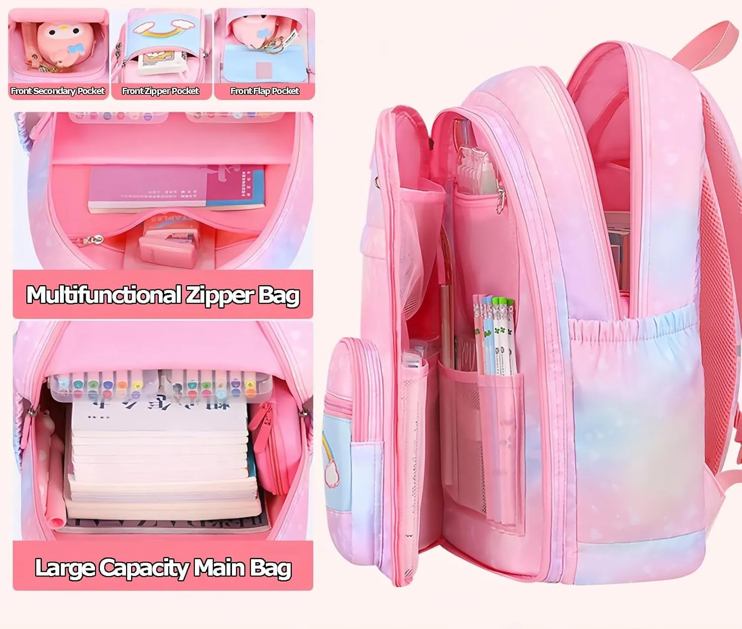 Girls Gradient Rainbow Backpack,Cute Student School Backpack With Pen Bag,Starry Rainbow Laptop Travel Bag-Purple