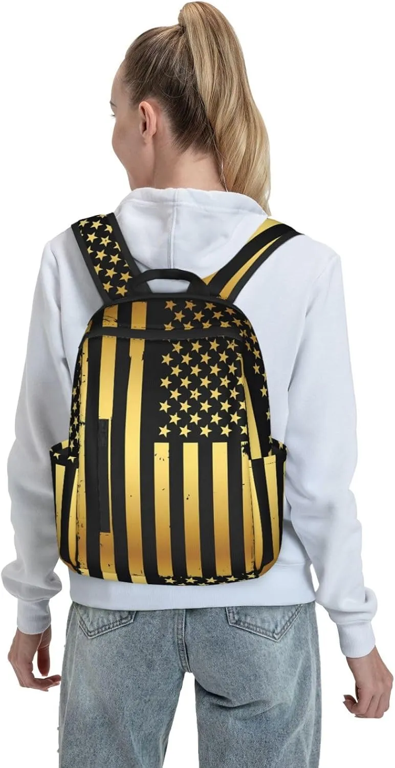 Golden American Flag Casual Backpacks Laptop Backpack Outdoor Travel Rucksack Sport Carry-On Daypack Lightweight Bag with Multi-Pockets