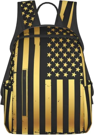 Golden American Flag Casual Backpacks Laptop Backpack Outdoor Travel Rucksack Sport Carry-On Daypack Lightweight Bag with Multi-Pockets