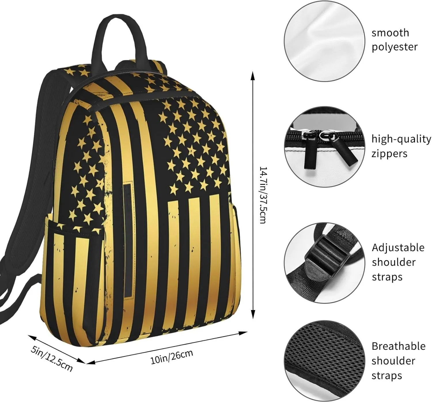 Golden American Flag Casual Backpacks Laptop Backpack Outdoor Travel Rucksack Sport Carry-On Daypack Lightweight Bag with Multi-Pockets