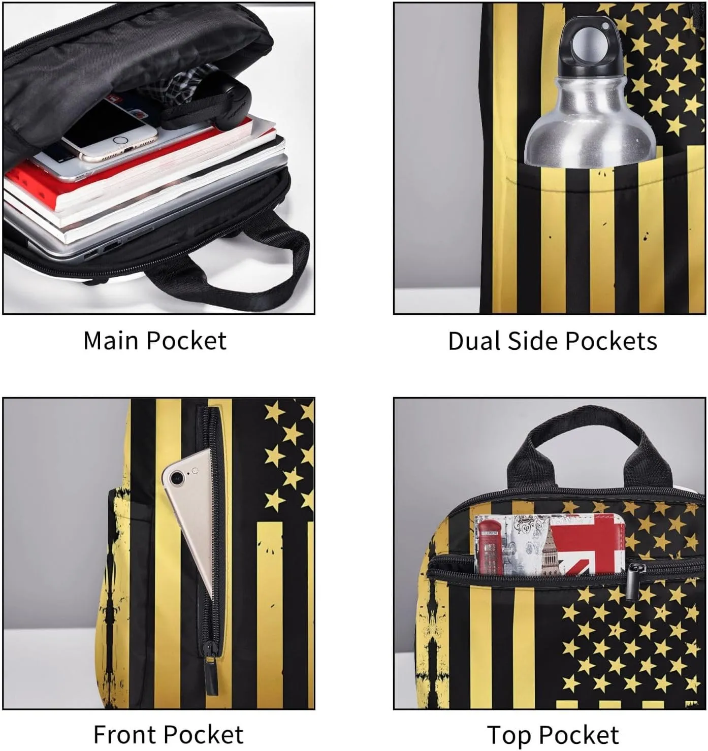 Golden American Flag Casual Backpacks Laptop Backpack Outdoor Travel Rucksack Sport Carry-On Daypack Lightweight Bag with Multi-Pockets