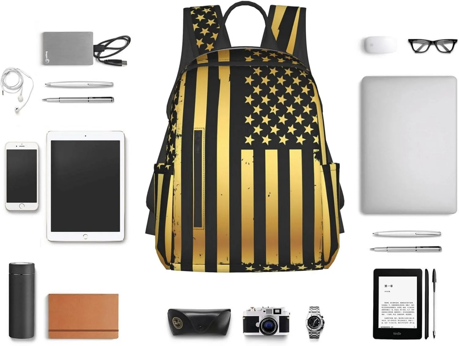 Golden American Flag Casual Backpacks Laptop Backpack Outdoor Travel Rucksack Sport Carry-On Daypack Lightweight Bag with Multi-Pockets