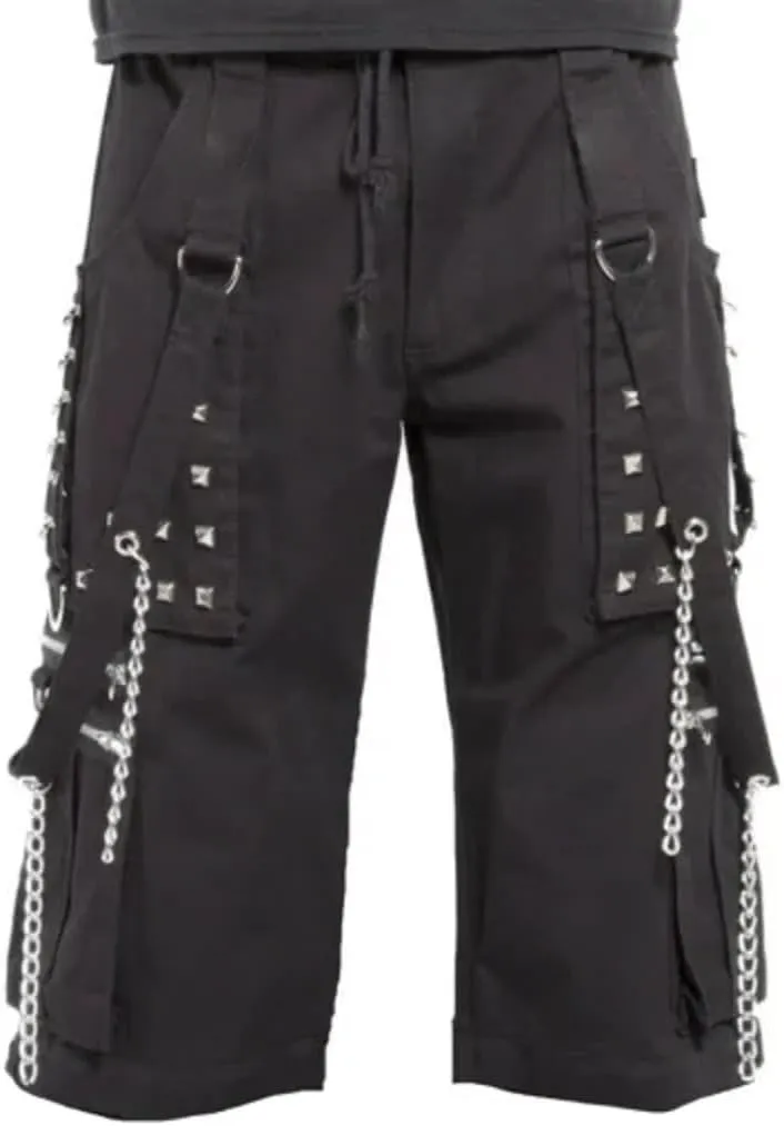 Gothic Punk Cargo Shorts, Black with Metal Chains and Studs, Multi-Pocket Design