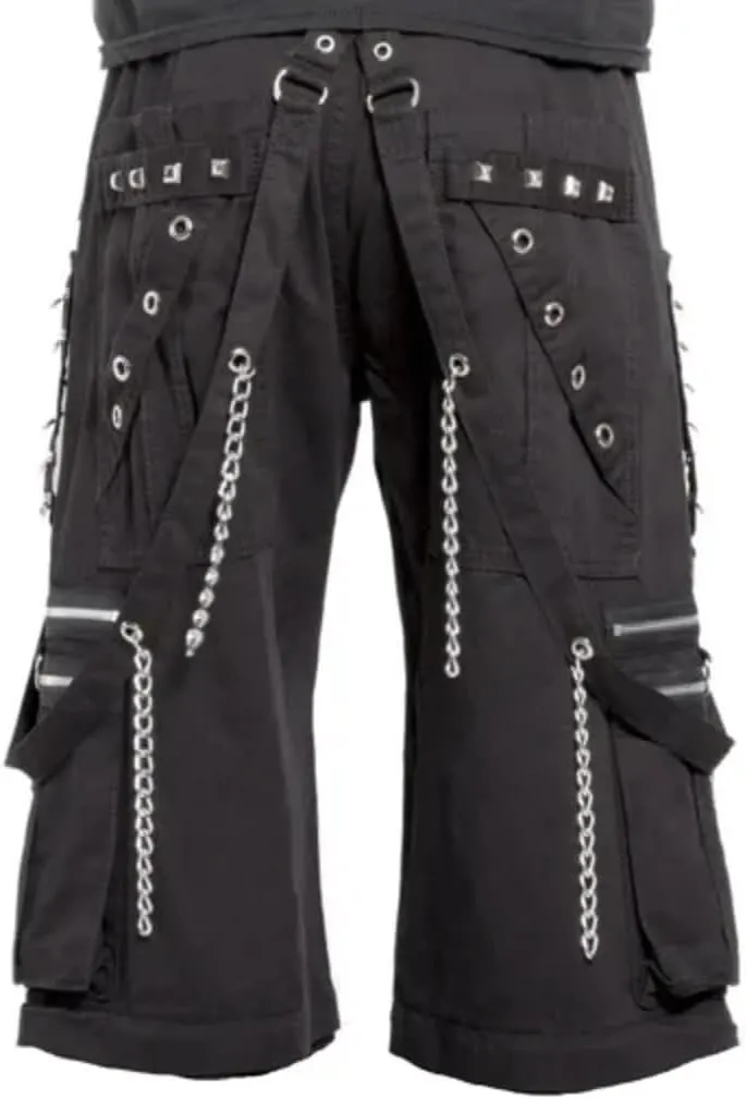 Gothic Punk Cargo Shorts, Black with Metal Chains and Studs, Multi-Pocket Design