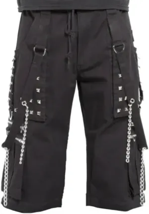 Gothic Punk Cargo Shorts, Black with Metal Chains and Studs, Multi-Pocket Design