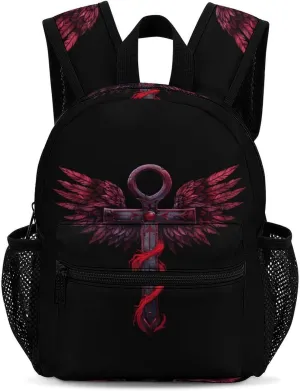 Gothic Silver Ankh Vampire with Red Wings 13 Inch Backpack Waterproof Lightweight Travel Backpack Purse Hiking Daypack