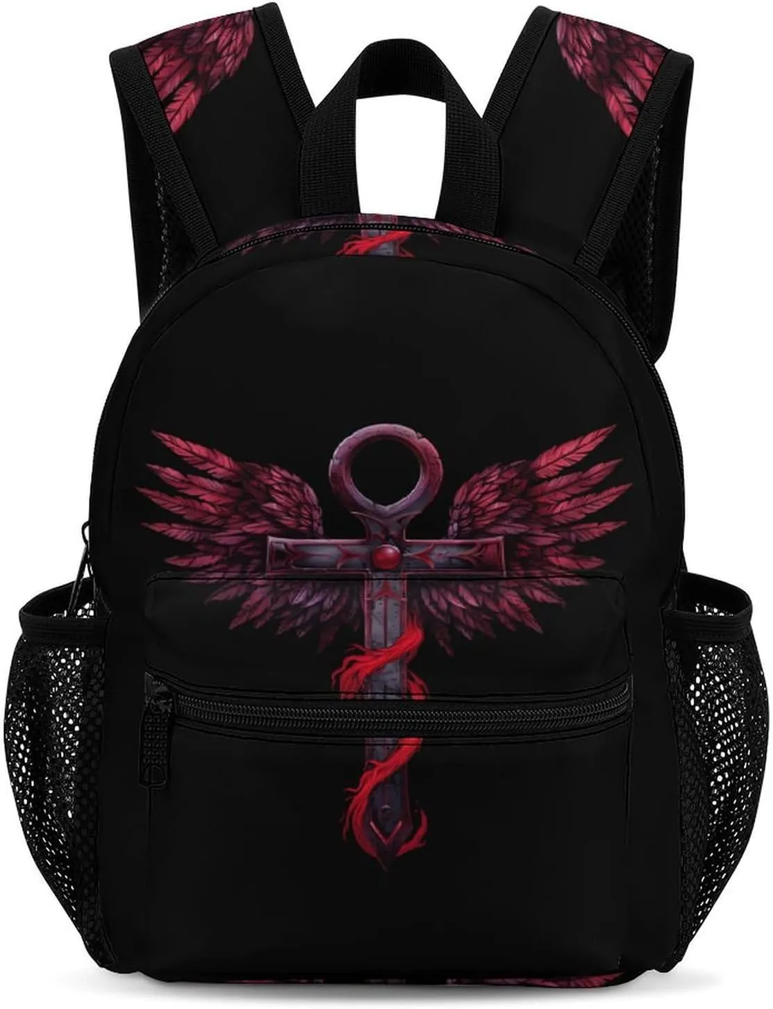 Gothic Silver Ankh Vampire with Red Wings 13 Inch Backpack Waterproof Lightweight Travel Backpack Purse Hiking Daypack