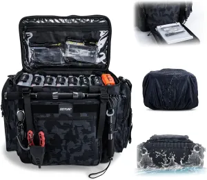 Goture Fishing Backpack with EVA Bottom, 600D Fishing Tackle Bag with Rod Holder, 65L Fishing Bag Storage with 8 Lure Pockets, Removable Partition, Rain Cover for Camping Hiking, Fishing Equipment