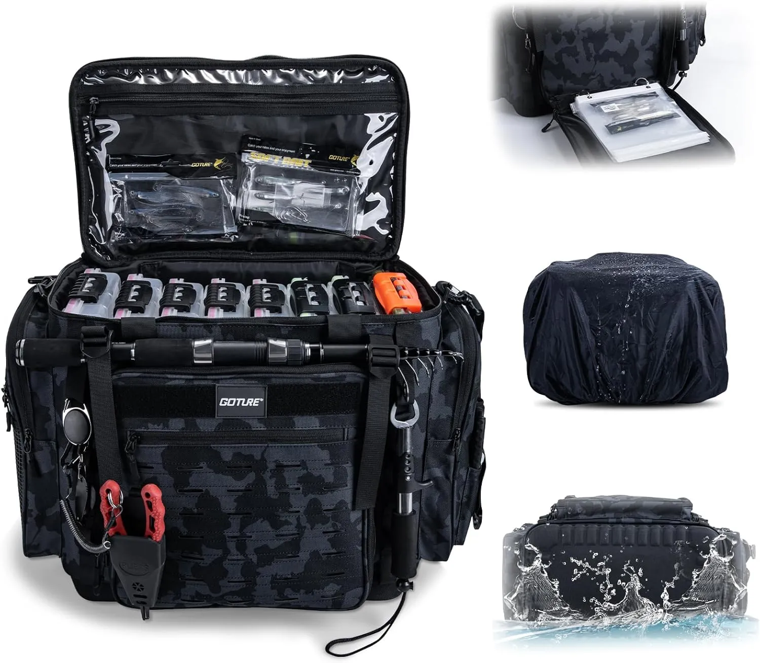 Goture Fishing Backpack with EVA Bottom, 600D Fishing Tackle Bag with Rod Holder, 65L Fishing Bag Storage with 8 Lure Pockets, Removable Partition, Rain Cover for Camping Hiking, Fishing Equipment