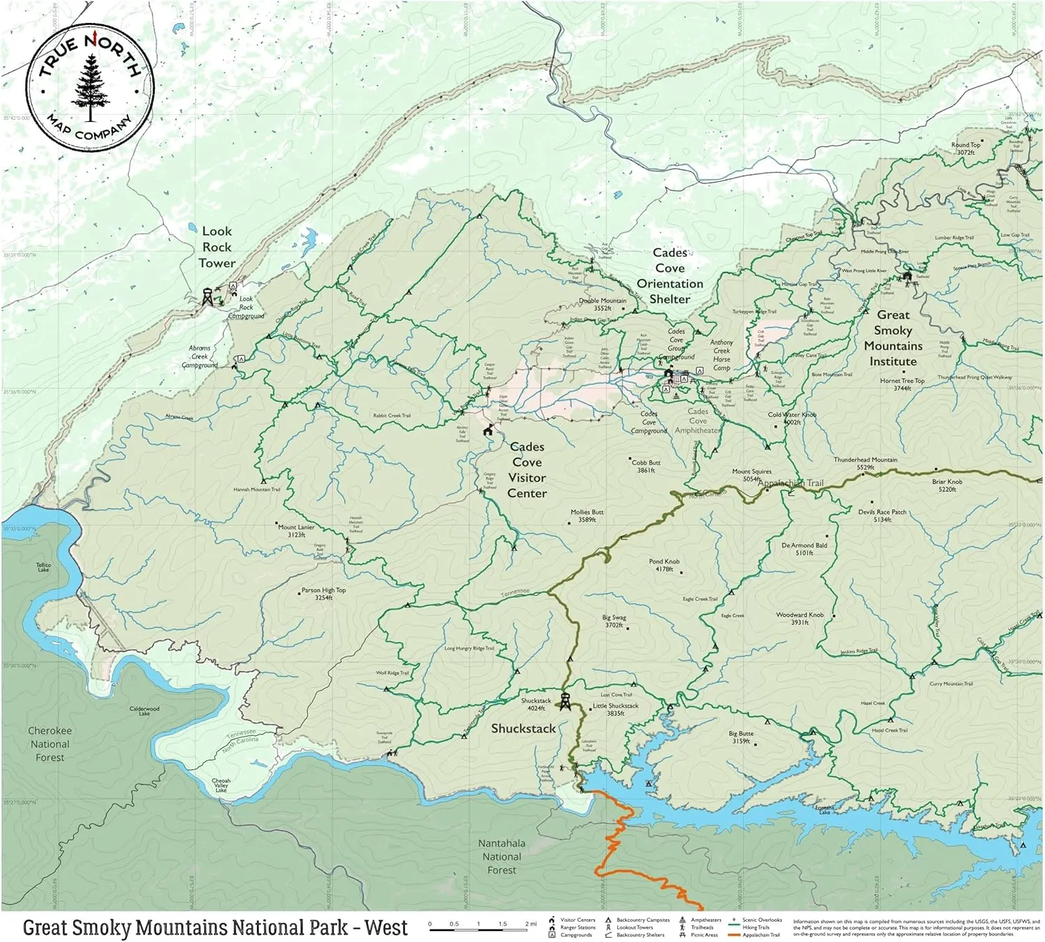 Great Smoky Mountains Map - West – Waterproof, Durable Cloth Map for Hiking and Camping by True North Map Company
