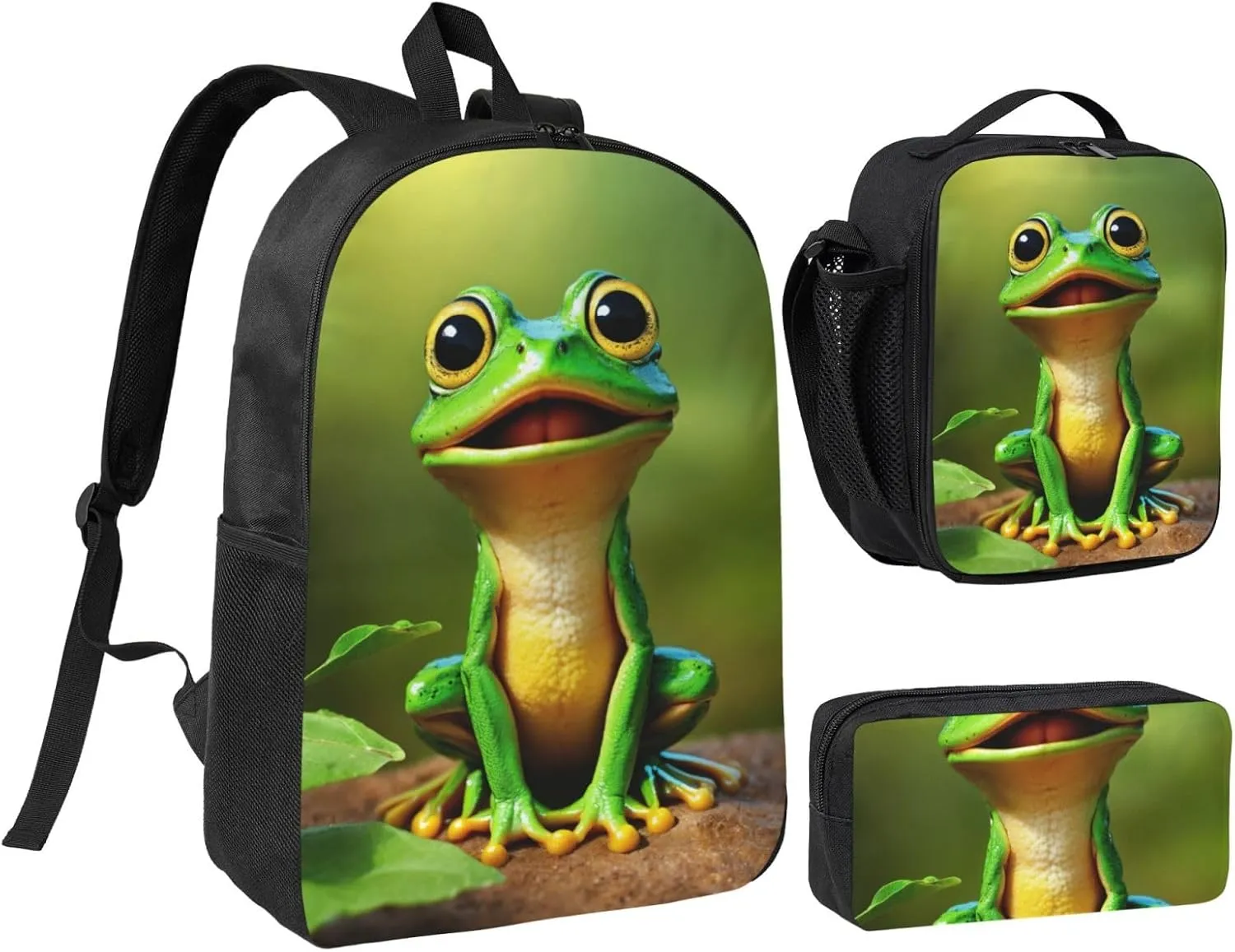 Green Frog print Backpack 3pcs Set Including 17 Inch Large BookBag With Lunch Bag And Practical Pen Bag