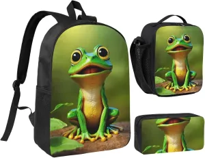 Green Frog print Backpack 3pcs Set Including 17 Inch Large BookBag With Lunch Bag And Practical Pen Bag