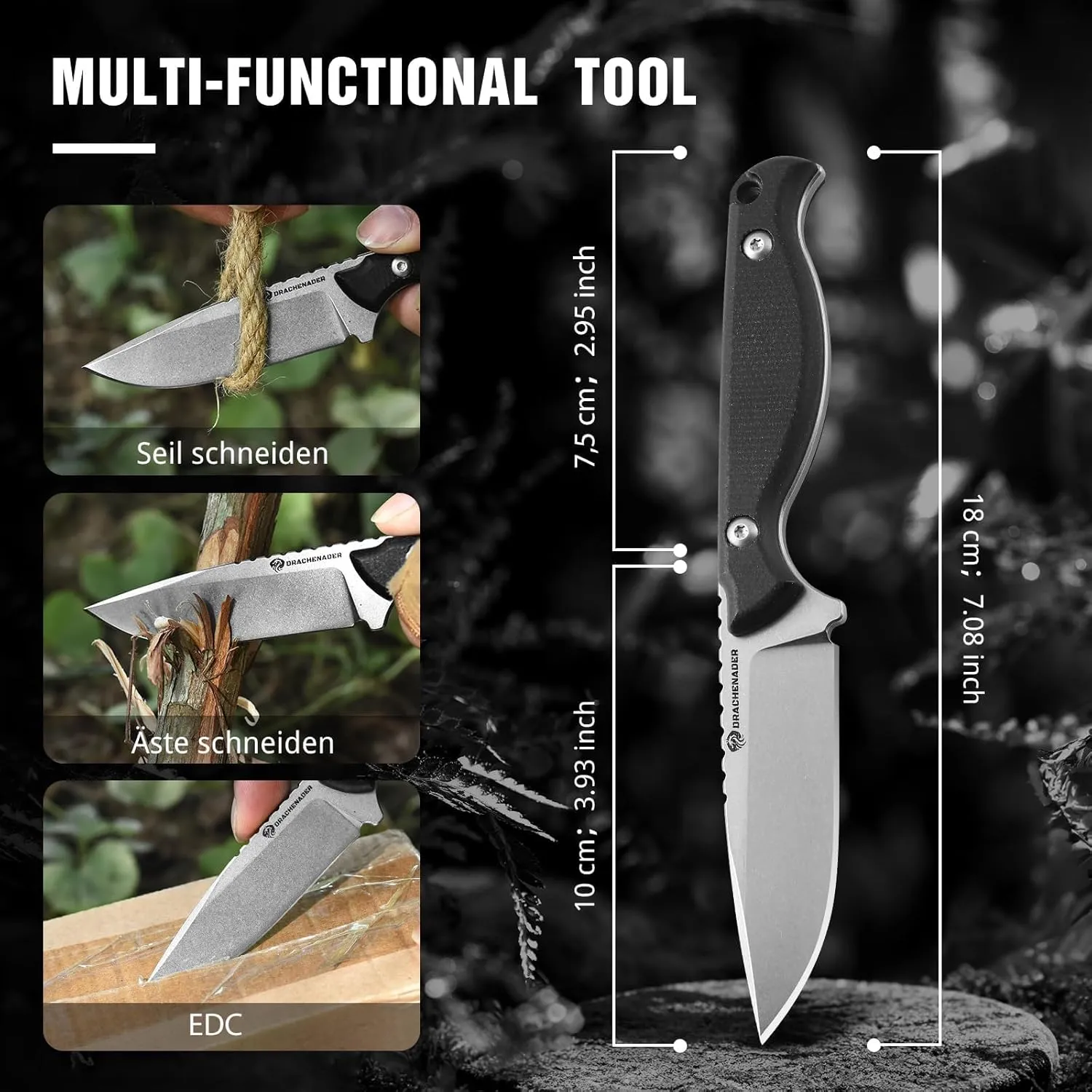 GT3 Small Fixed Blade Knife with Sheath, 7" EDC Fixed Blade Knife with Pocket Clip on Sheath, Full Tang, Black Micarta Handle-Stonewash Finish, D2 Stainless Steel