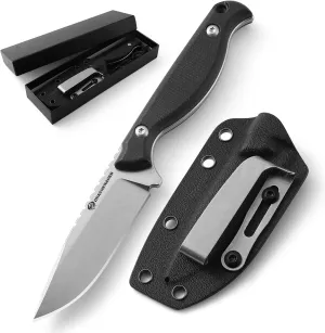 GT3 Small Fixed Blade Knife with Sheath, 7" EDC Fixed Blade Knife with Pocket Clip on Sheath, Full Tang, Black Micarta Handle-Stonewash Finish, D2 Stainless Steel