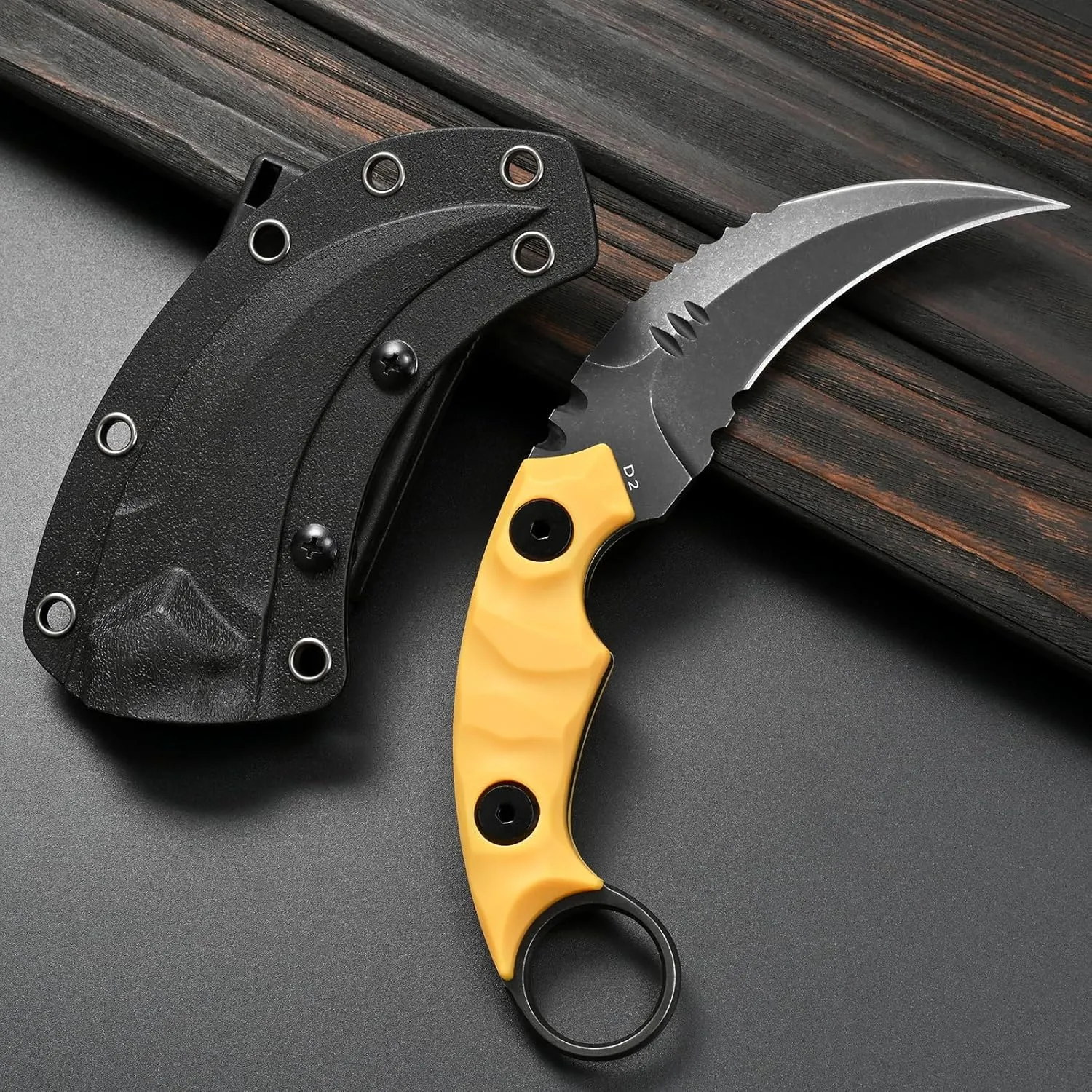 GTK691 Fixed Blade Knife D2 Steel Blade Nylon Fiberglass Handle with Kydex Sheath for Outdoor Camping Hunting Hiking Survival EDC Tool(Yellow)