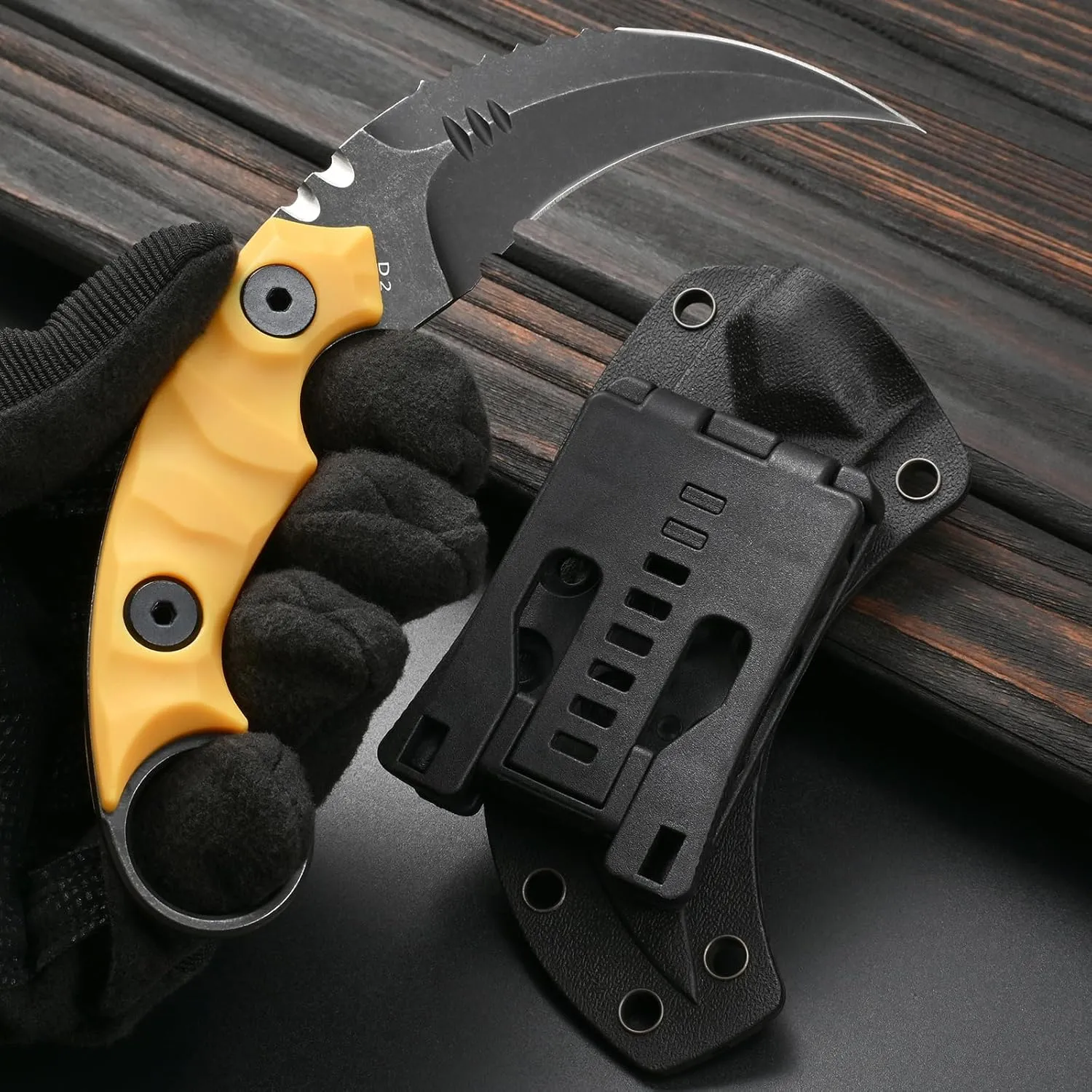 GTK691 Fixed Blade Knife D2 Steel Blade Nylon Fiberglass Handle with Kydex Sheath for Outdoor Camping Hunting Hiking Survival EDC Tool(Yellow)