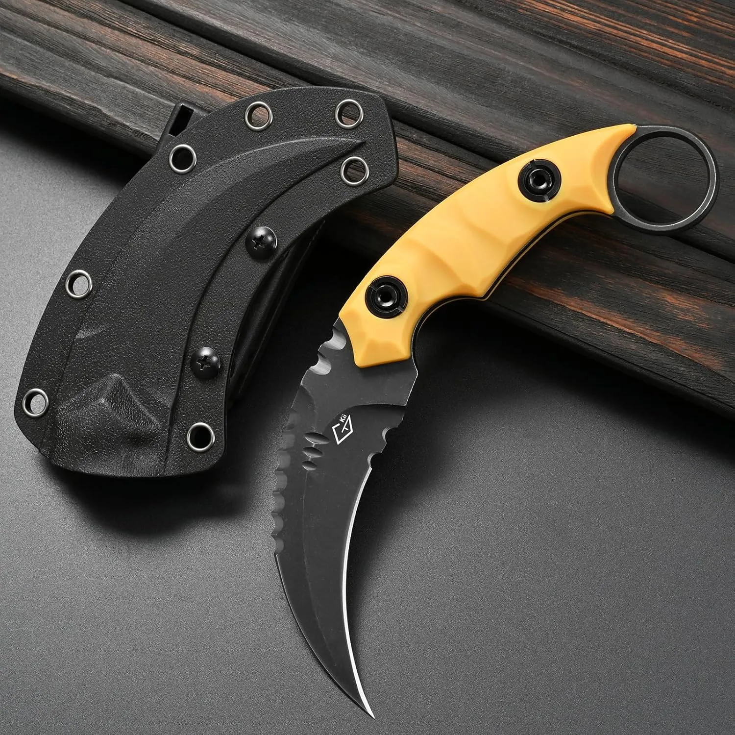 GTK691 Fixed Blade Knife D2 Steel Blade Nylon Fiberglass Handle with Kydex Sheath for Outdoor Camping Hunting Hiking Survival EDC Tool(Yellow)