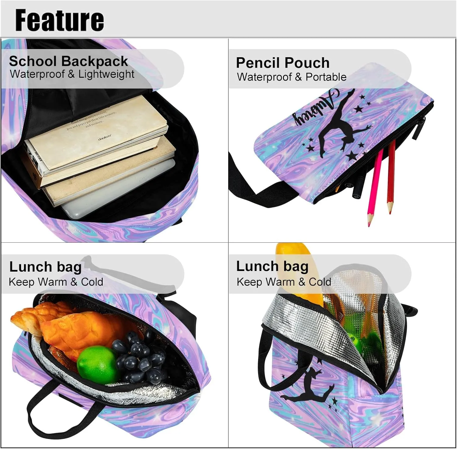 Gymnastic Marble Unicorn Abstract Personalized Backpack Set for Teen Boys Girls with Lunch Box & Pencil Pouch Bag Travel Backpack