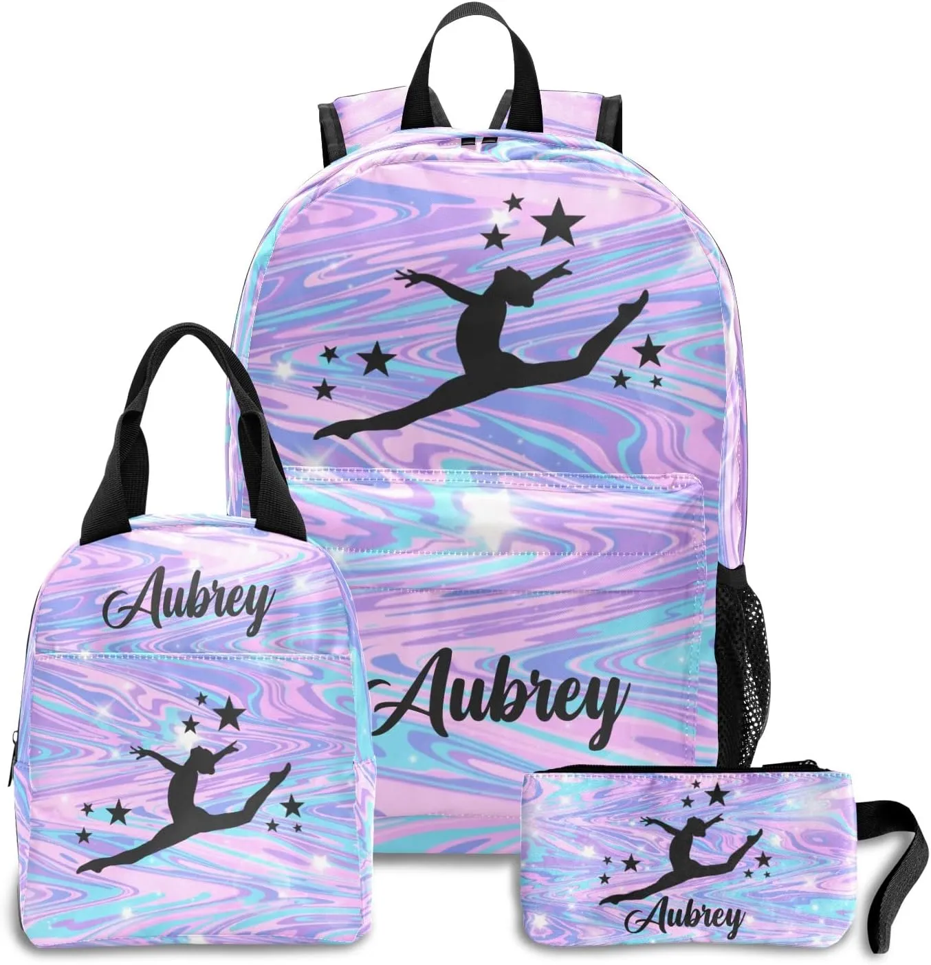 Gymnastic Marble Unicorn Abstract Personalized Backpack Set for Teen Boys Girls with Lunch Box & Pencil Pouch Bag Travel Backpack