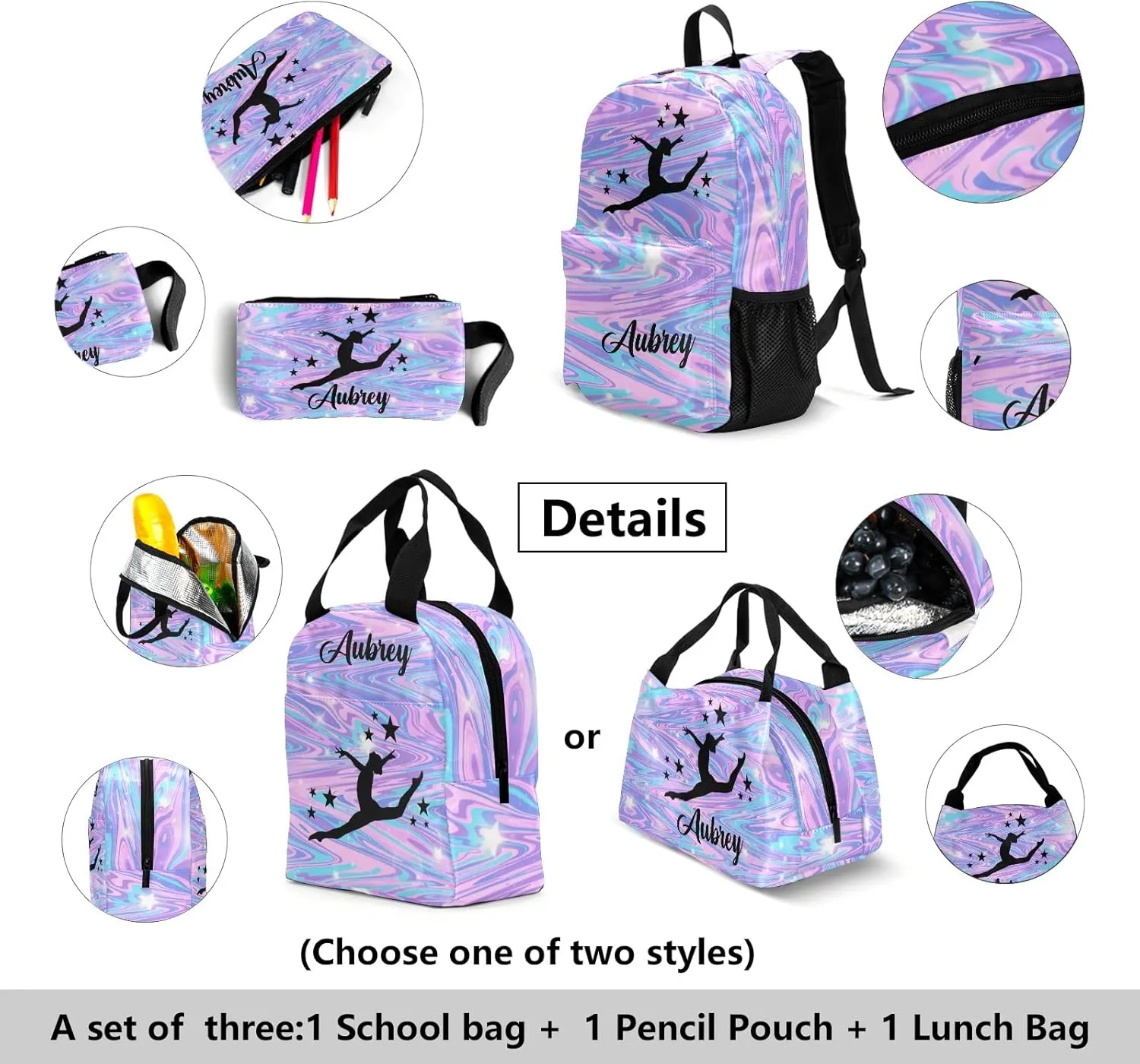 Gymnastic Marble Unicorn Abstract Personalized Backpack Set for Teen Boys Girls with Lunch Box & Pencil Pouch Bag Travel Backpack