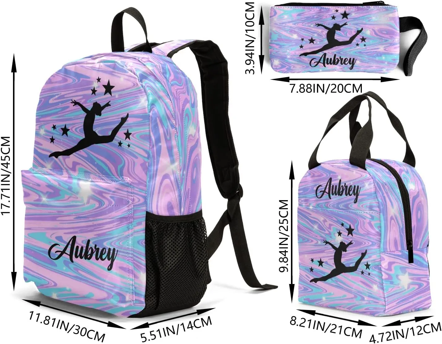 Gymnastic Marble Unicorn Abstract Personalized Backpack Set for Teen Boys Girls with Lunch Box & Pencil Pouch Bag Travel Backpack