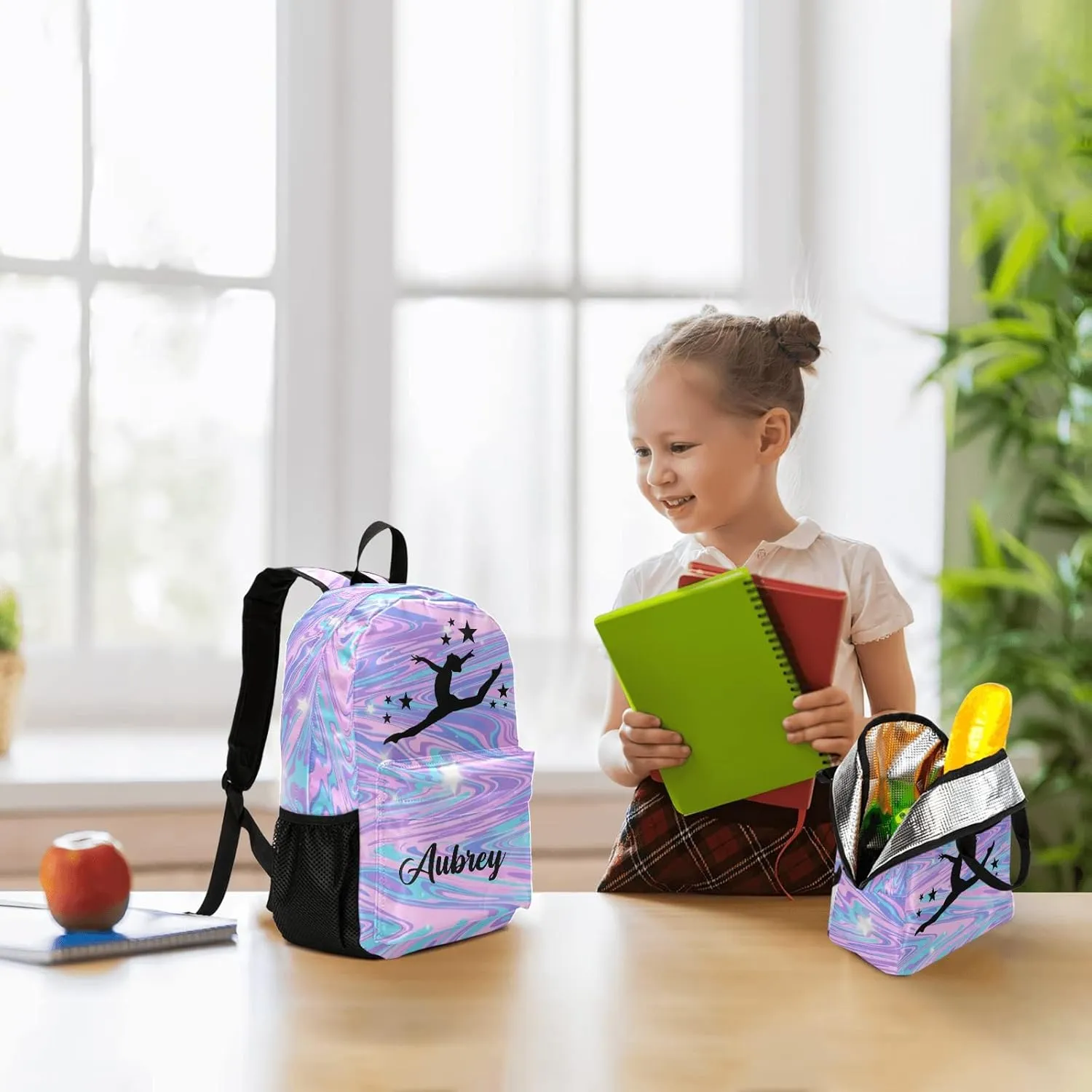 Gymnastic Marble Unicorn Abstract Personalized Backpack Set for Teen Boys Girls with Lunch Box & Pencil Pouch Bag Travel Backpack