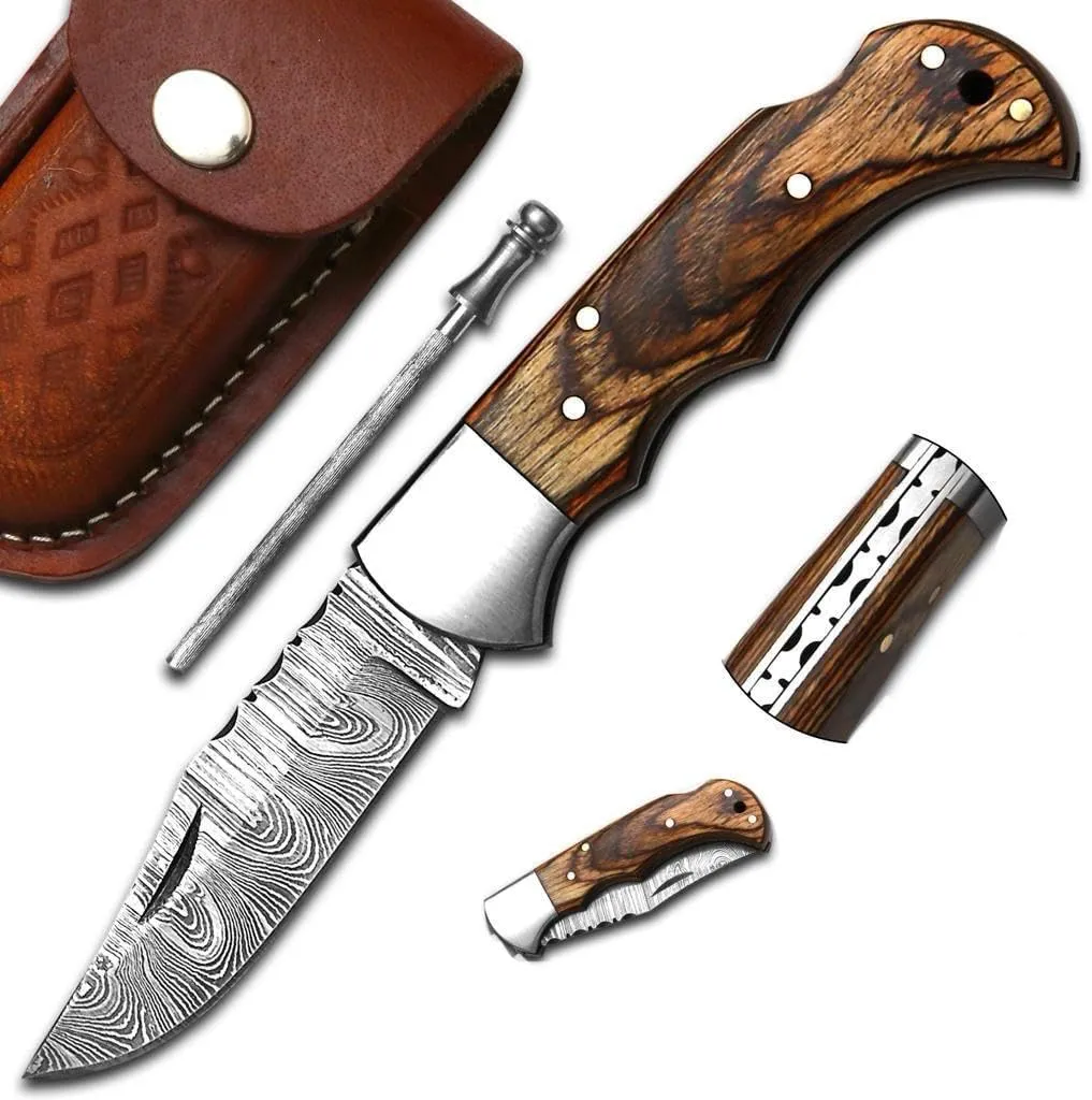 HA Handmade Damascus Pocket Knife for Men - 6.5 Inches Damascus Folding Knife with Sheath - Pocket Knives and Folding Knives with Back Lock - Best for EDC, Camping, Fishing and Hiking