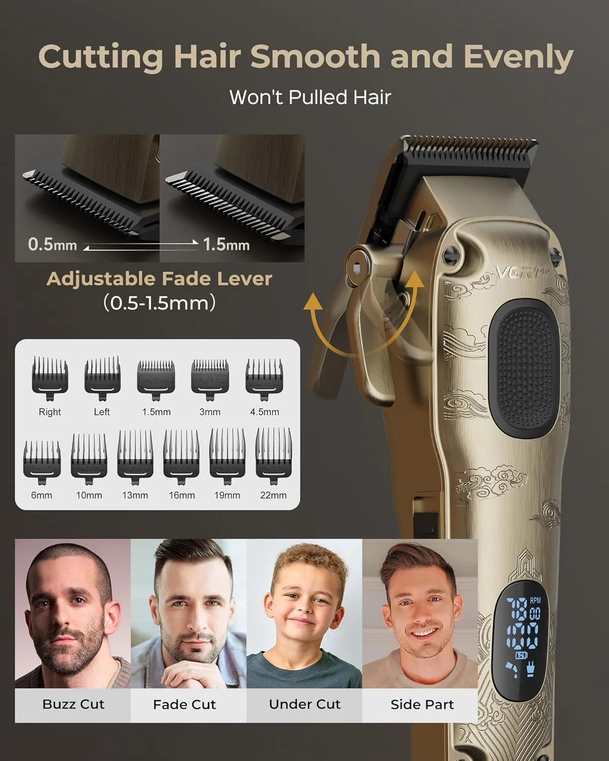 Hair Clippers & Trimmers Set for Men Professional, Waterproof Electric Razor Foil Shaver for Men Face Beard, Cordless for Hair Cutting, 4-Speed Setting, LED Battery Display, Barber or Home (Gloden)
