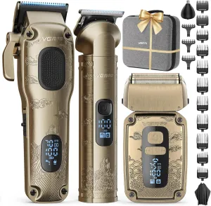 Hair Clippers & Trimmers Set for Men Professional, Waterproof Electric Razor Foil Shaver for Men Face Beard, Cordless for Hair Cutting, 4-Speed Setting, LED Battery Display, Barber or Home (Gloden)