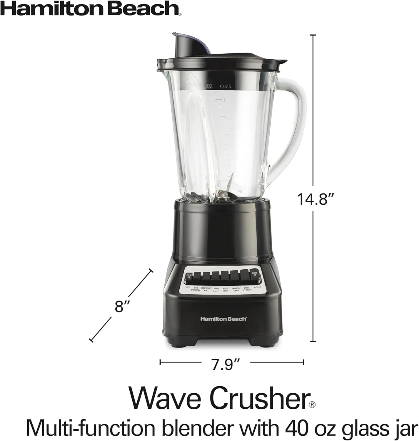 Hamilton Beach Wave Crusher Blender For Smoothies With 40 Oz Glass Jar and 14 Functions, Ice Sabre Blades & 700 Watts for Consistently Smooth Results, Black & Stainless Steel (54220)