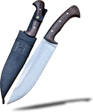 Hand-Forged 10-inch large Bushcraft Knife with 5160 Steel Blade, Full Tang Rosewood Handle, Multi-Function Chopping, Carving, and Pounding Tool, Includes Leather Scabbard