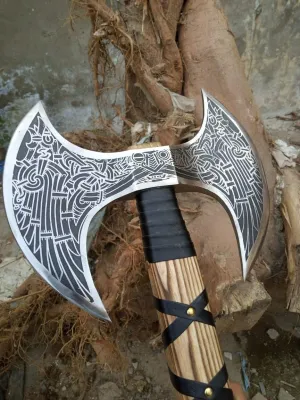 Hand-Forged Double Headed Viking Axe – 27" Odin's Carbon Steel Battle Hatchet with Leather Wrapped Wood Handle – Norse Style Throwing Axe for Camping, Collecting, Survival Gear, or Gifts.