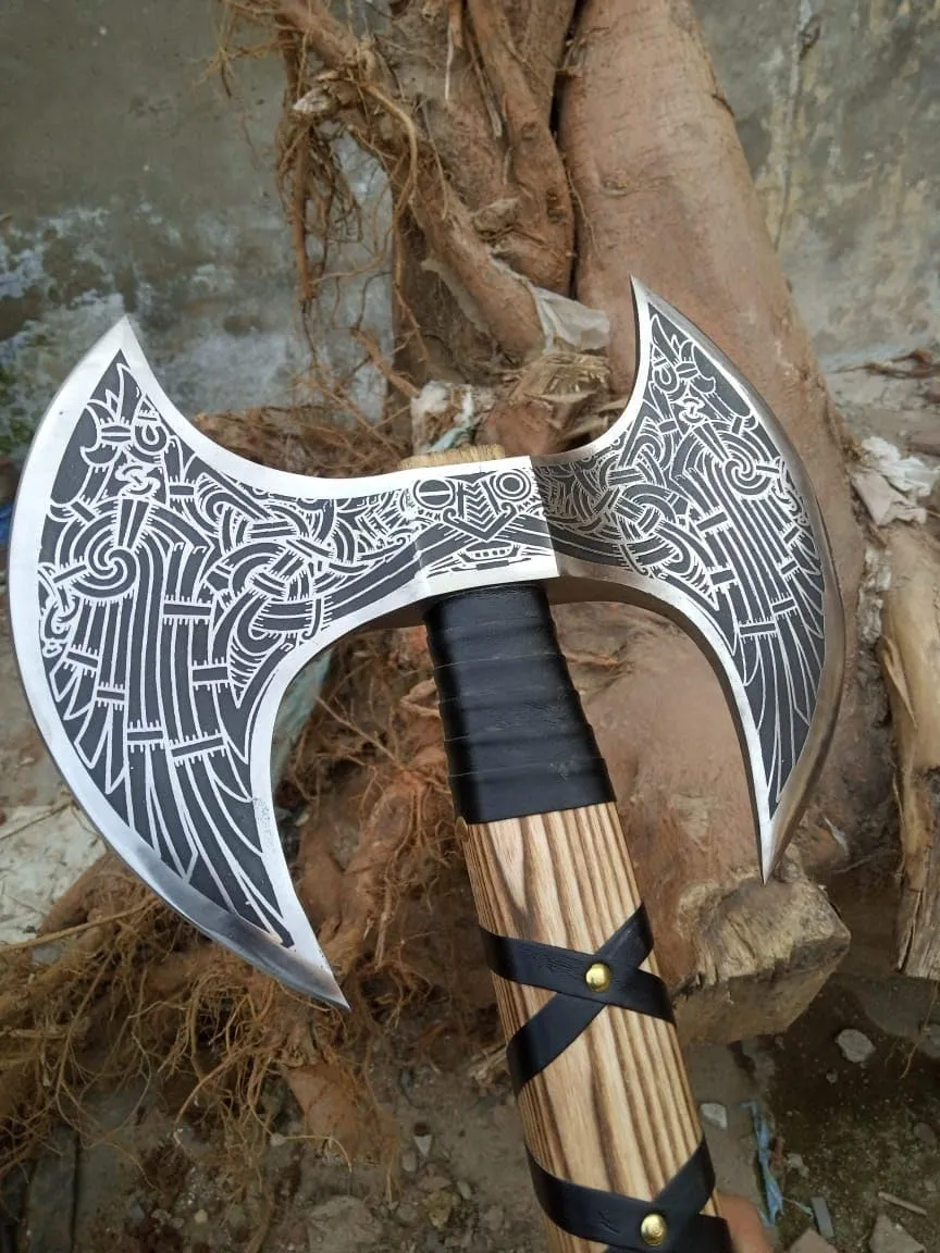 Hand-Forged Double Headed Viking Axe – 27" Odin's Carbon Steel Battle Hatchet with Leather Wrapped Wood Handle – Norse Style Throwing Axe for Camping, Collecting, Survival Gear, or Gifts.