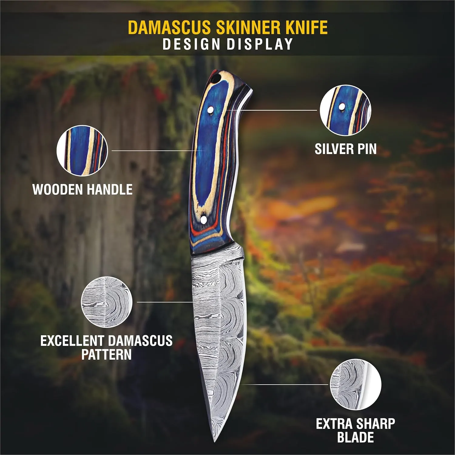 Handmade 8" Fixed Blade Knife with Sheath, Damascus Steel Bushcraft Knife with Wood Handle for EDC and Outdoor Camping