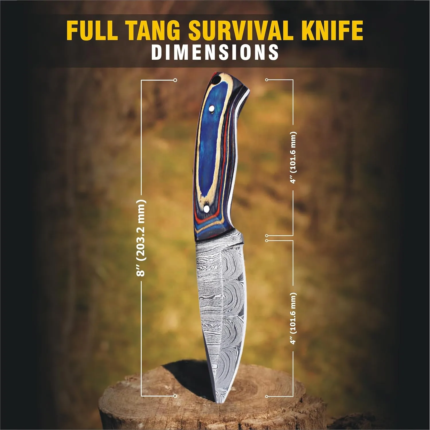 Handmade 8" Fixed Blade Knife with Sheath, Damascus Steel Bushcraft Knife with Wood Handle for EDC and Outdoor Camping