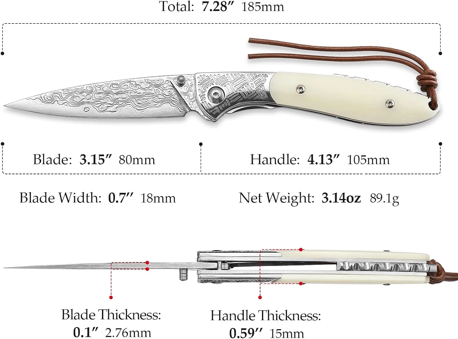 Handmade Damascus Folding Pocket Knife，Thumb Stud,3.15" Polished Blade & Steel Bolster, Liner Lock, White Bone Handle,Ceramic Bearings，EDC Knives Gift for Men.Piscis Austrinus-02W