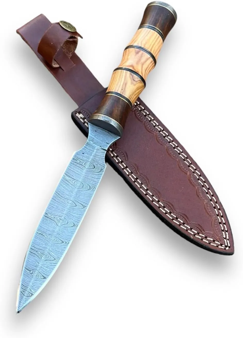 Handmade Damascus Hunting Knife - Fixed Blade Double Edge with Non-Slip Olive & Rose Wood Handle | 10.3' EDC Sharp Blade Bushcraft Camping Survival Knife with Belt Loop Sheath